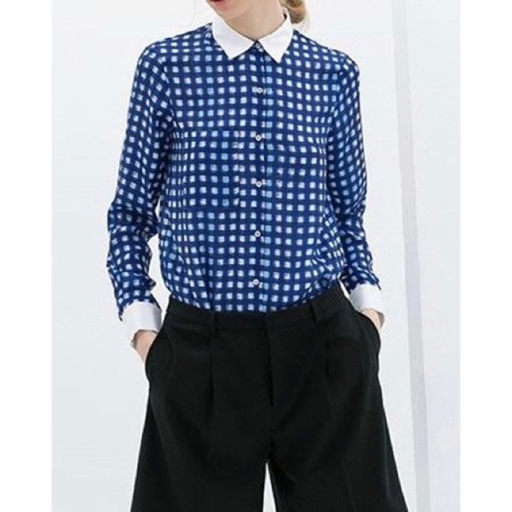 Zara White Collar Blue Checker Button Down Shirt